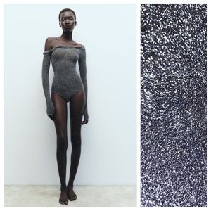 Zara Anthracite Grey/Silver Seamless Metallic Thread Bodysuit. One Size.